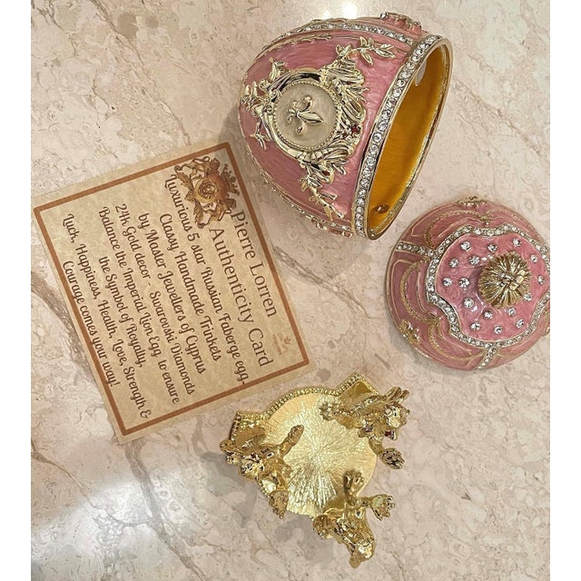 2020s Pierre Lorren Handmade Faberge Egg Style Trinket Fabergé Egg Style Austrian Crystal Diamond Pure Gold Deco Hand Painted 5 Star Egg & Handmade Bracelet For Sale - Image 5 of 9