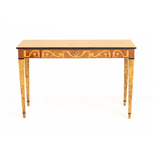 Neoclassical Style Marquetry Walnut and Maple Console, with one drawer on four tapered legs. 29.75" H x 46.5" W x 18.75"...