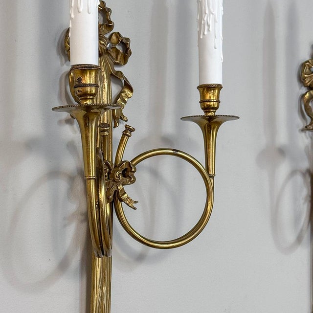 Pair Antique French Louis XVI Neoclassical Cast Brass Wall Sconces For Sale - Image 9 of 12