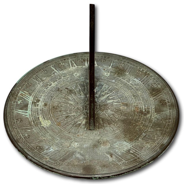 Fine Antique Large 12 Inch Size Solid Cast Bronze Sundial With Extensivly Detailed Calibrations Circa Early 1900s For Sale - Image 9 of 18