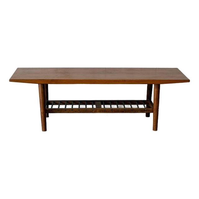 Solid Teak Rectangular Coffee Table With Slatted Magazine Shelf Danish Mid-Century Modern 1960s For Sale