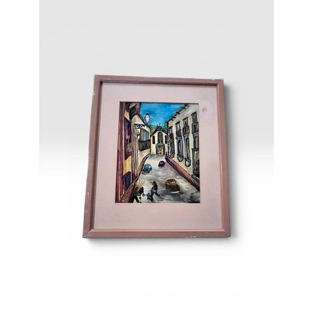 French Original 1973 “French Basque Street” Oil on Board by Cervi (Columbia Rossi) For Sale - Image 3 of 9