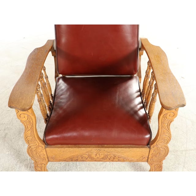 American 1910s S.A. Cook Upholstered Oak Recliner Chair With Carved Lion Head and Scrollwork For Sale - Image 3 of 10