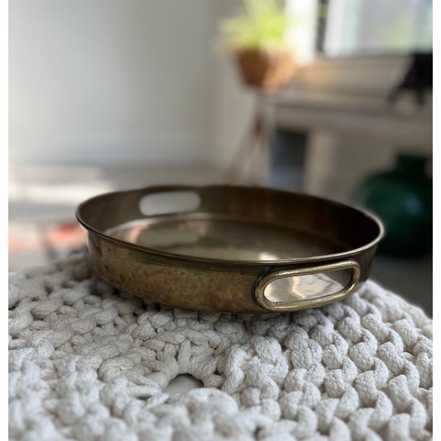1980s Vintage Round Brass Handled Tray For Sale - Image 4 of 10