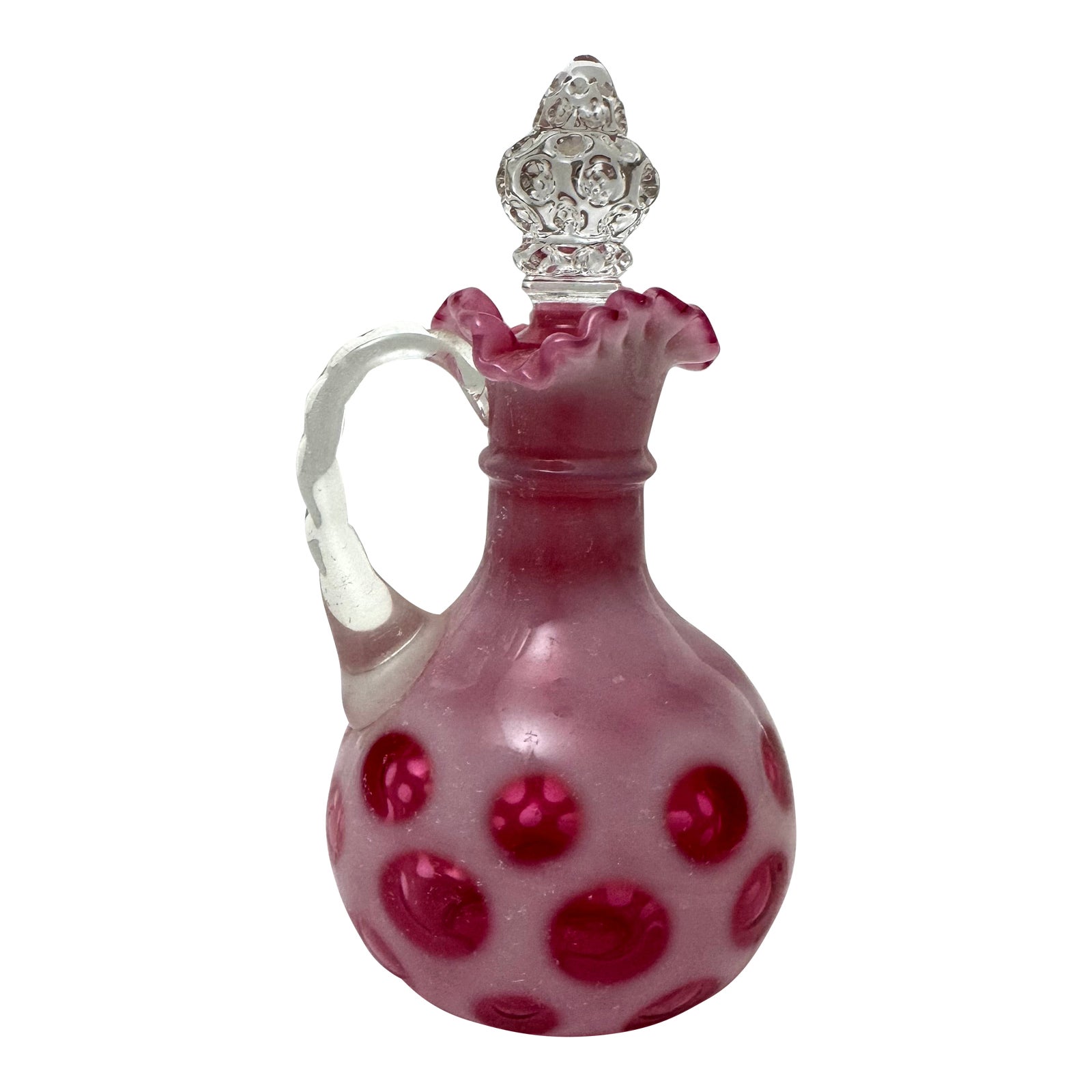 Vintage Fenton Art Glass Cranberry Coin Dot Cruet With Stopper