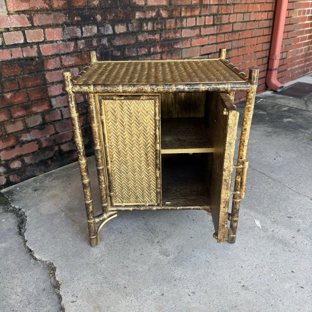 1970’s Faux Tortoiseshell Bamboo Herringbone Rattan Cabinet - Newly Painted For Sale - Image 11 of 12