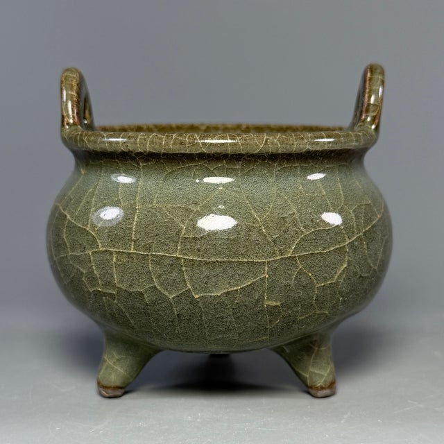 15th Century & Earlier Antique Chinese Official‑Style Celadon Porcelain Tripod Censer Incense Burner For Sale - Image 5 of 8