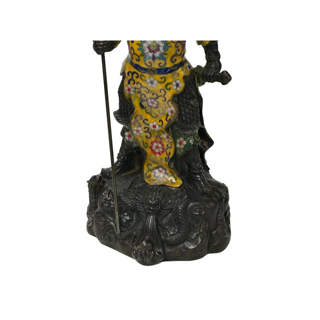 Vintage Cloisonne Yellow Enamel General Guan Yu Warrior Metal Statue For Sale - Image 4 of 18