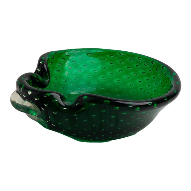 Vintage Emerald Green Murano Bullicante Art Glass Catchall Dish For Sale