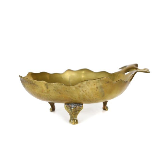 Boho Chic Vintage Solid Brass Footed Pocket Change Trinket Jewelry Organizer Leaf Shape Valet Tray For Sale - Image 3 of 5