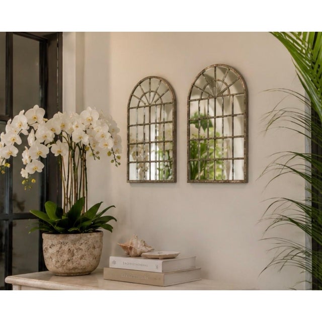 Pair of Vintage Architectural Arched Iron Windowpane Mirrors in Whitewashed Gray For Sale - Image 12 of 12