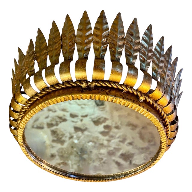 Large Spanish Crown Sunburst Fixture in Gilt Metal and Frosted Glass, 1950 For Sale