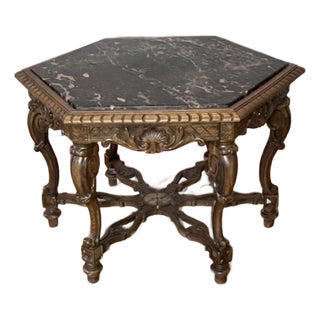 Vintage Italian Renaissance Style Carved Walnut Table Marble Top For Sale