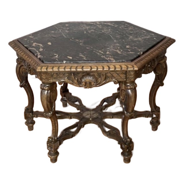 Vintage Italian Renaissance Style Carved Walnut Table Marble Top For Sale