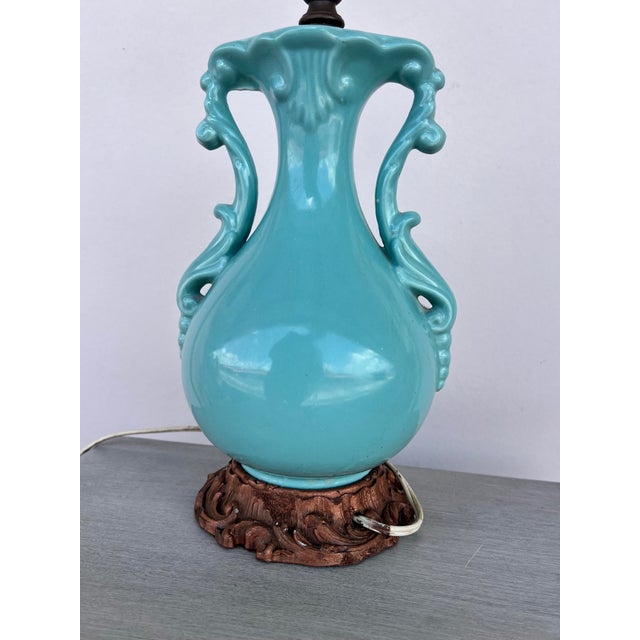 Vintage Art Deco Turquoise Ceramic Urn Shape Lamp For Sale In West Palm - Image 6 of 7
