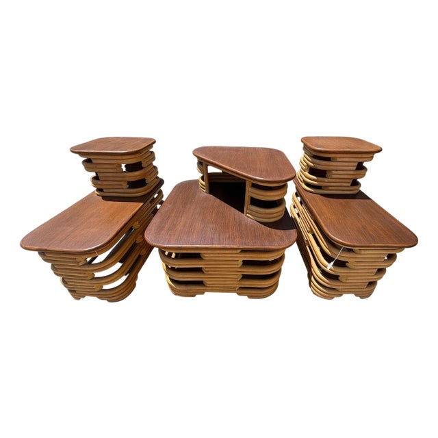 1950s Mid-Century Two-Tier Stacked Rattan & Mahogany Costal Side & Corner Table Set of 3 For Sale