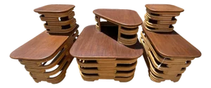 Mid-Century Two-Tier Stacked Rattan & Mahogany Coastal Side & Corner Table Set
