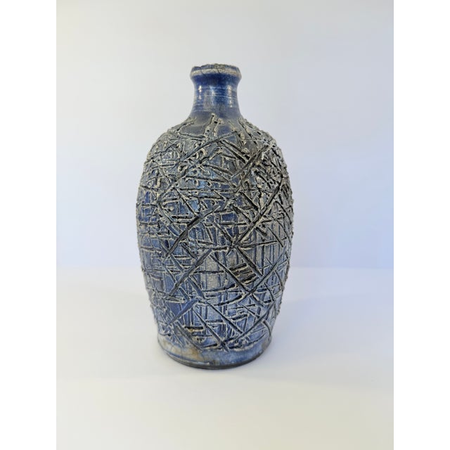 Blue Modern Textured Pottery Vase For Sale - Image 10 of 10