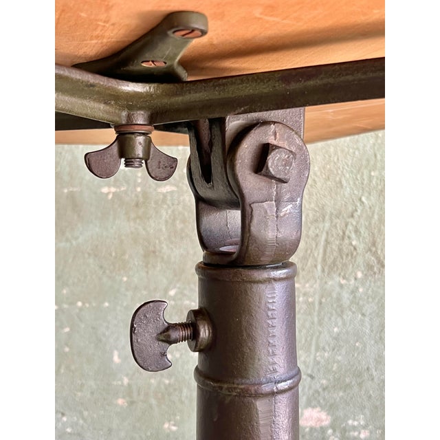 Antique Industrial Drafting Table on Swivel Cast Iron Pedestal Base W/Restored Top For Sale - Image 9 of 12
