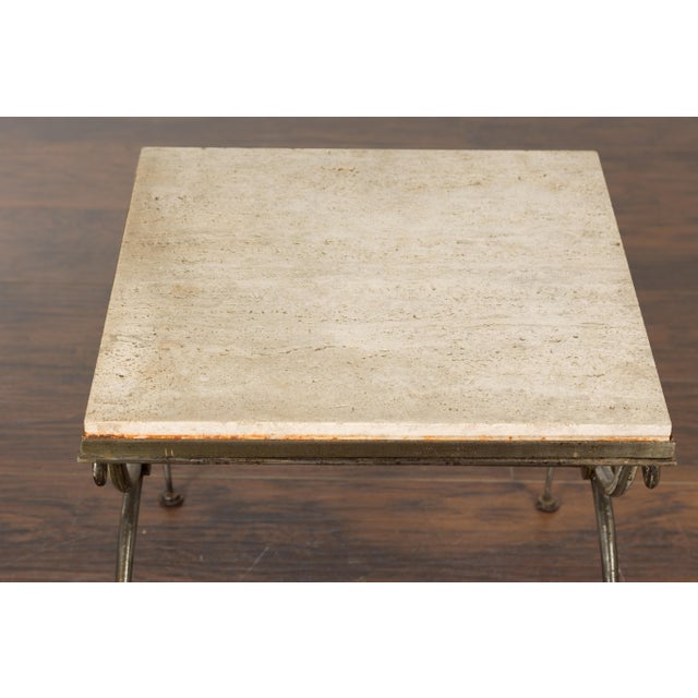 Metal Midcentury French Steel Side Table with Marble Top and Scrolling Supports For Sale - Image 7 of 12