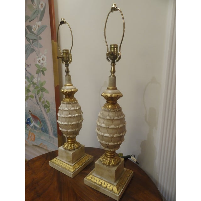Vintage Gilt and Pickled Wood Carved Lamps - a Pair For Sale In Los Angeles - Image 6 of 9