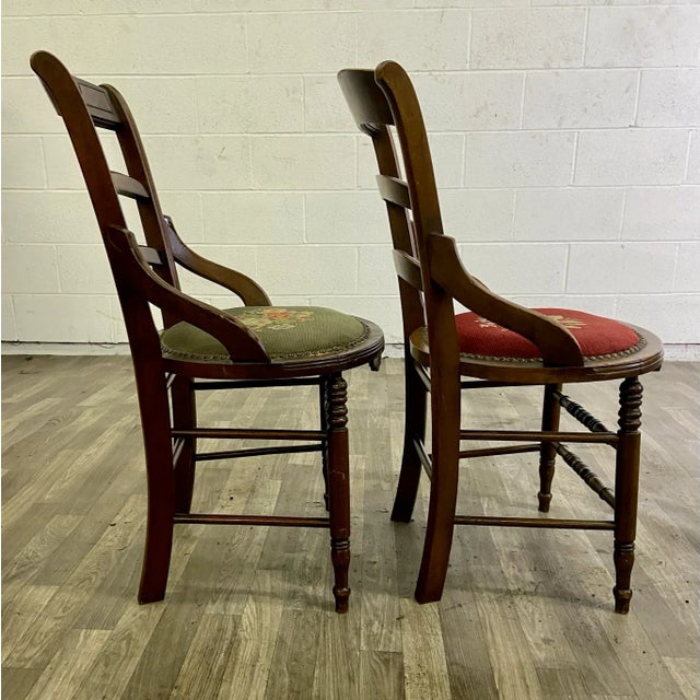 Antique 19th Century Victorian Needlepoint Ladderback Chairs - Pair For Sale - Image 11 of 13