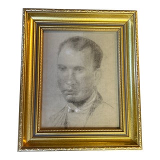 1940’s Original Art Deco Male Portrait Charcoal Drawing For Sale