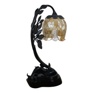 Vintage Maitland Smith Bronze Marble Mother of Pearl Tulip Flower Desk Lamp For Sale