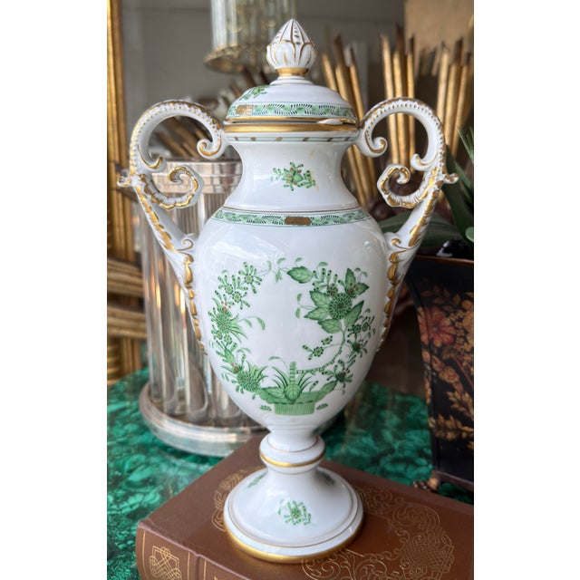 Ceramic Large Herend Hungarian Porcelain Chinese Bouquet Urn - 14.5” Green For Sale - Image 7 of 7