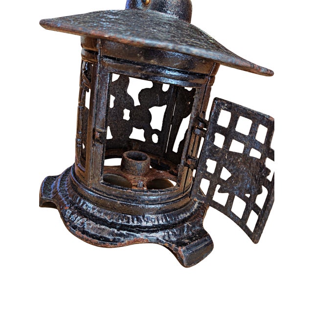 Late 20th Century Vintage Cast Iron Pagoda Candle Lantern With Bird Motif For Sale - Image 5 of 10
