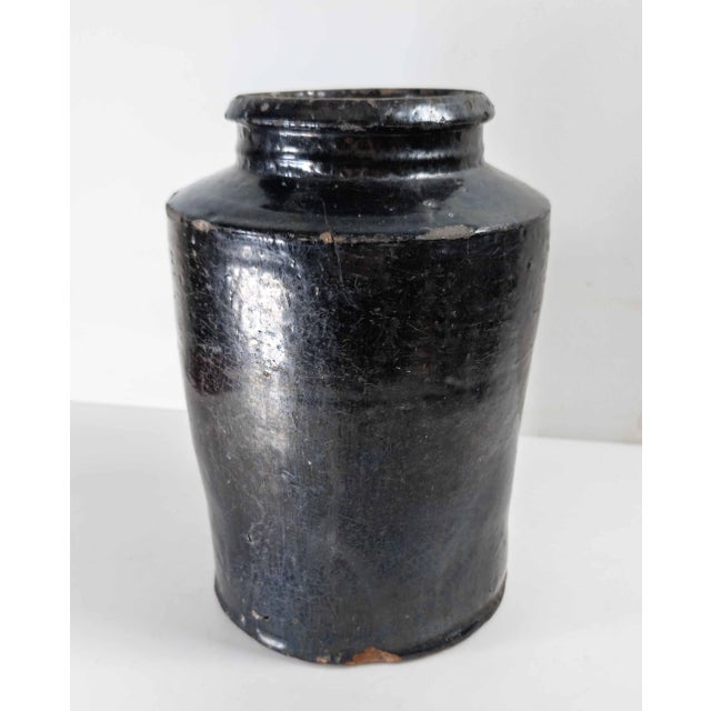 19th Century Rustic Primitive Black Glazed Redware Storage Jar For Sale - Image 4 of 12