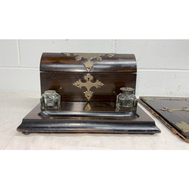 Antique 19th Century Brass Wood English Inkwell Letter Pen Stand Writing Book For Sale - Image 4 of 14