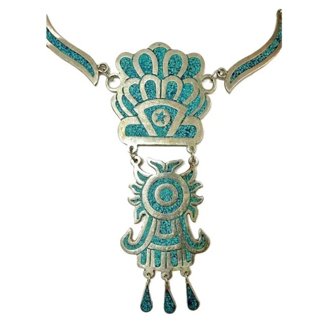 Mexican Alpaca Silver and Turquoise Inlay Necklace For Sale - Image 4 of 9