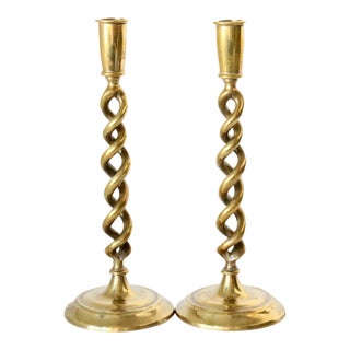 English Brass Twist Candlestick Holders, Pair For Sale