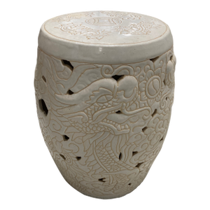 Mid-20th Century White Ceramic Garden Stool in Dragon Motif