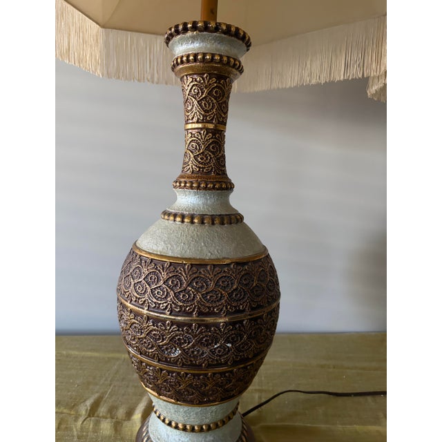 Hollywood Regency Vintage 1970s Hollywood Regency Chunky Gold Filigree Table Lamps With Fringed Shades - A Pair For Sale - Image 4 of 10