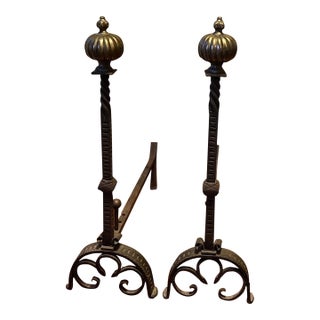 Very Large Antique 19th Century French Baroque Wrought Iron and Bronze Andirons With Gothic Tudor Arch for Limestone Fireplace Mantel For Sale