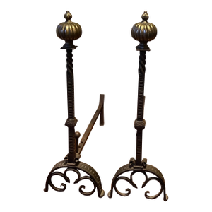 Very Large Antique 19th Century French Baroque Wrought Iron and Bronze Andirons With Gothic Tudor Arch for Limestone Fireplace Mantel