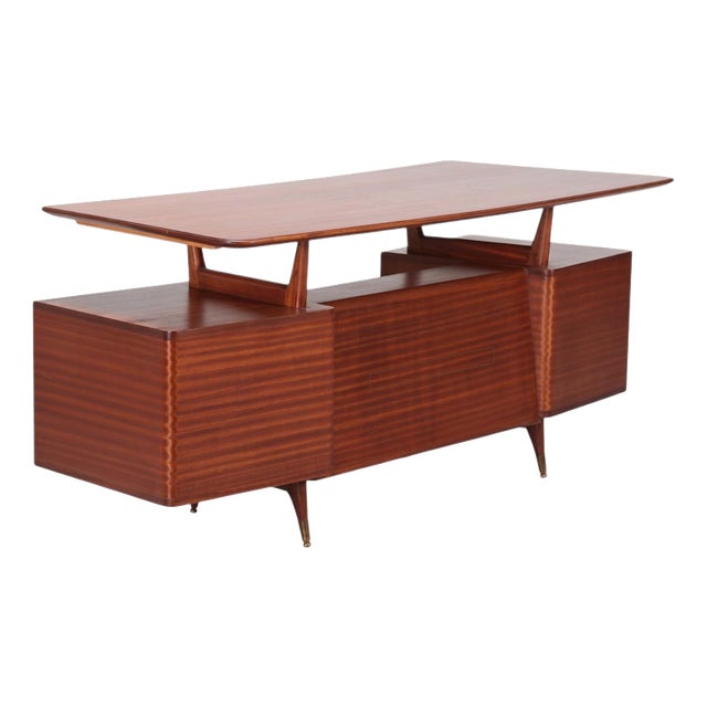 Mid-Century Italian Wood and Brass Desk from La Permanente Mobili Cantù, Italy, 1950 For Sale