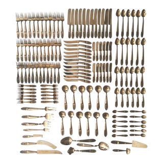 1960s Vintage Solid Brass Thai Buddha Hand Cast Flatware Set - 144 Pieces For Sale