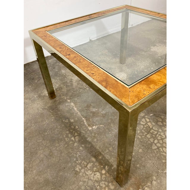 Vintage Parsons Style Burl Wood and Brass Glass Top Side Table For Sale - Image 9 of 10