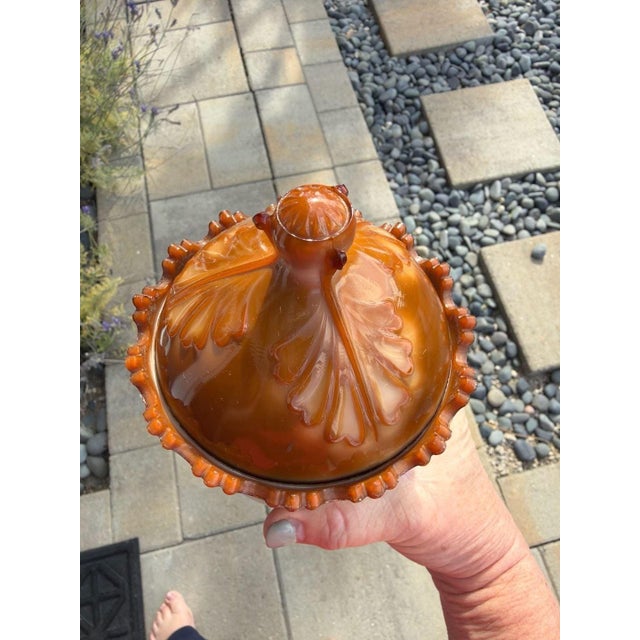 Brown Antique Greentown Chocolate Slag Glass Leaf and Bracket Footed Covered Sugar Bow For Sale - Image 8 of 8