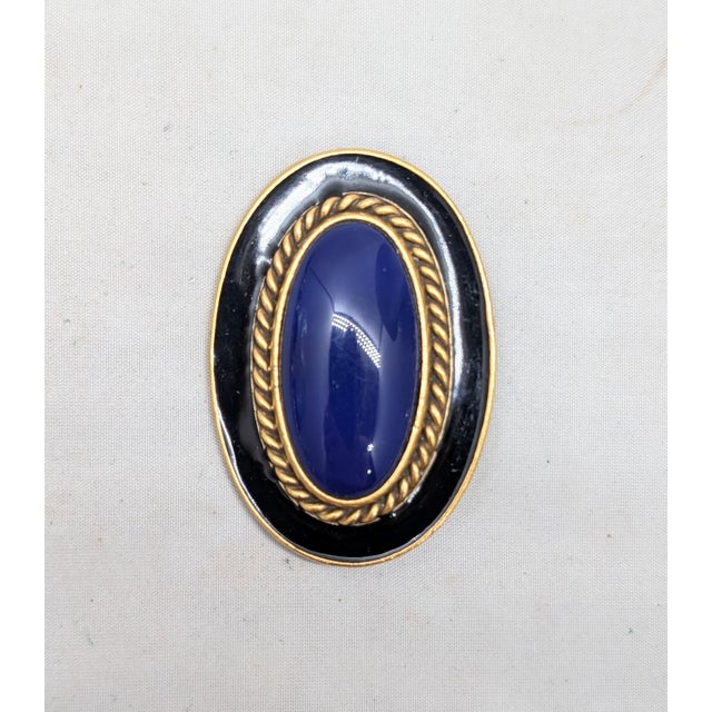 Vintage 1980s Signed Ysl Oval Goldtone Cabochon Faux-Lapis & Black Enamel Brooch For Sale In Philadelphia - Image 6 of 7