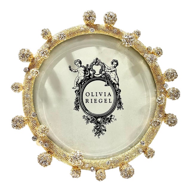 1990s Olivia Riegel Gilt Metal Jeweled Picture Frame – Crystal Embellished Hollywood Regency Style For Sale