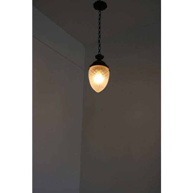 Antique French Teardrop Hall Lantern in Brass with Etched Frosted Glass, 1890s For Sale - Image 6 of 16