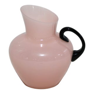 Antique Pink French Opaline Glass Pitcher, Applied Black Glass Handle For Sale