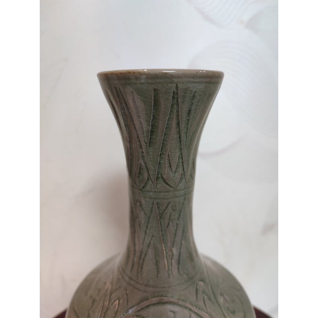 Chinese Ceramic Vase Yaozhou Ware Celadon Vase Hand Carved Flowers Pattern For Sale - Image 12 of 12