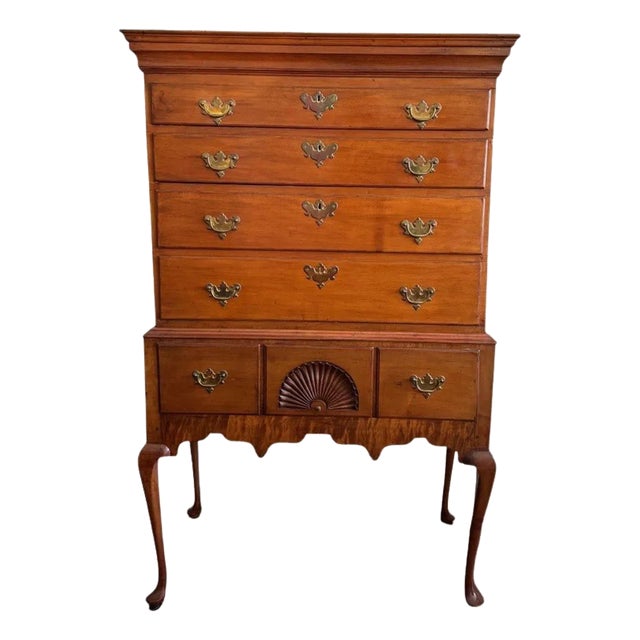 18th C. Queen Anne Cherry High Boy With Fan Carved Panel For Sale
