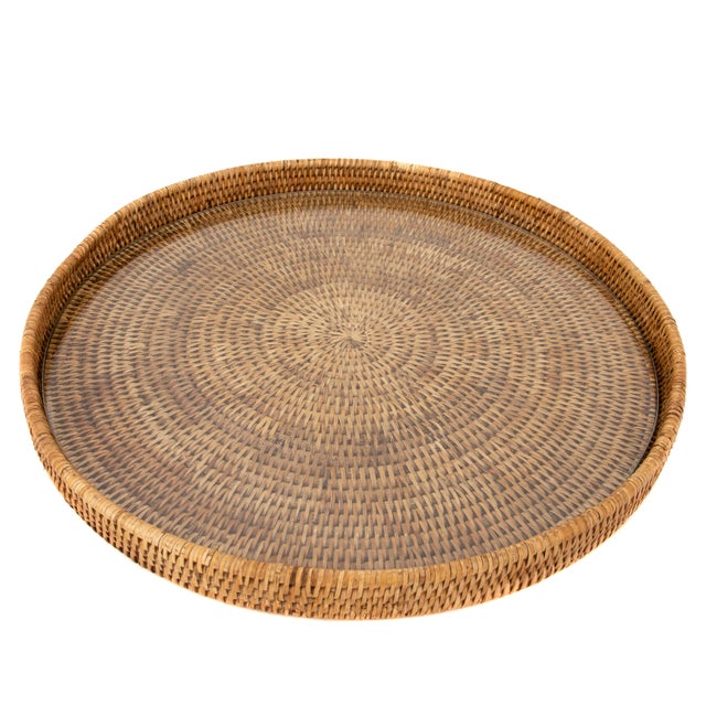 Artifacts Rattan Round Serving/Ottoman Tray with Glass Insert in Honey Brown -16" For Sale - Image 4 of 4