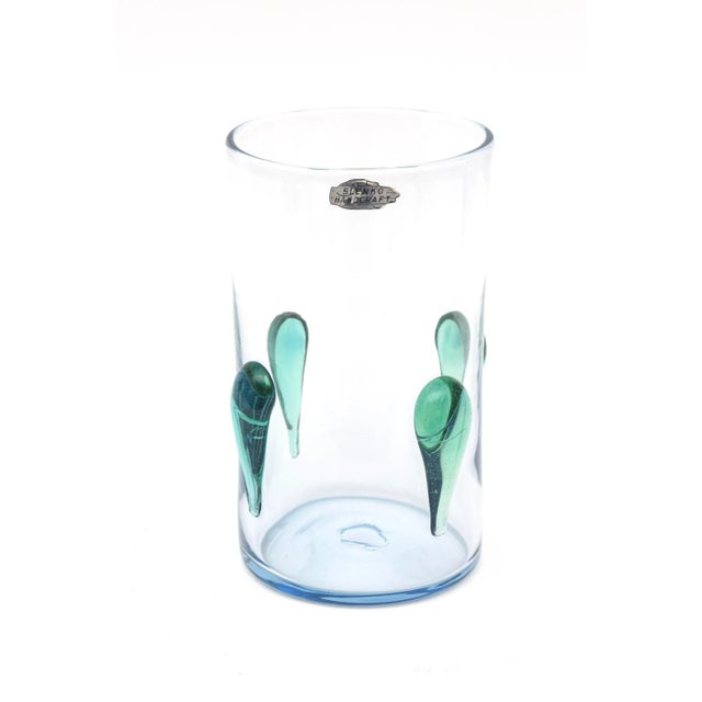This vintage 1960's Blenko vase has 4 applied long teardrop raised glass applications in a sea green turquoise with a blue...